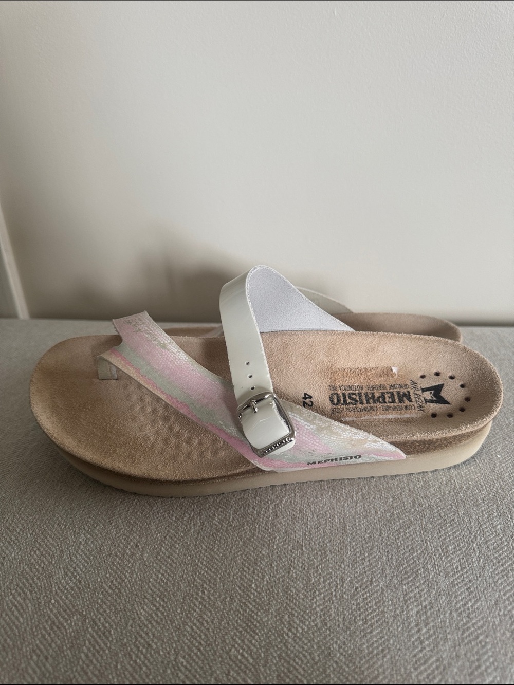 Mephisto Helen White Iridescent Sandal with Pale Pink Accents